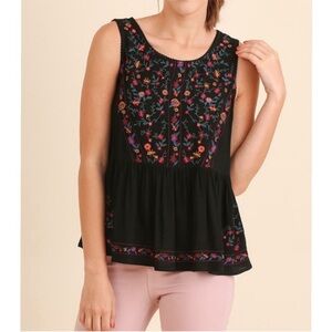 Umgee sleeveless top black embroidered floral peplum boho keyhole